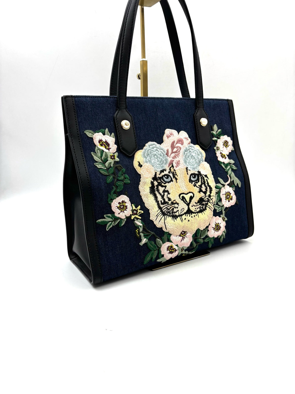 Gucci - Tiger Head Floral Embroidery Denim Tote Bag - Denim - Jeans - Blue - (medium)