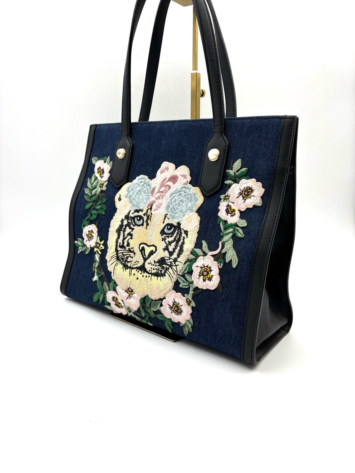 Gucci - Tiger Head Floral Embroidery Denim Tote Bag - Denim - Jeans - Blue - (medium)