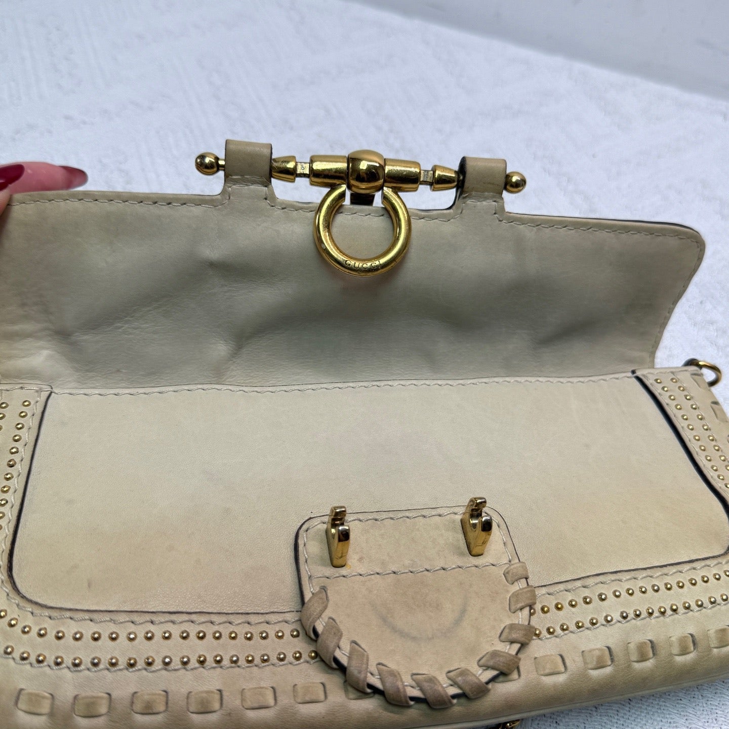 Gucci - Vintage Horsebit Rivet Shoulder Bag - Leather - Beige - (small)