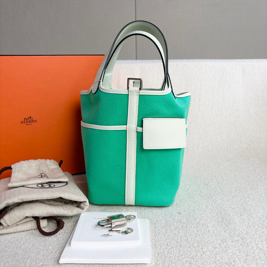 Hermès - Cargo Picotin 18 - Goeland canvas with Swift calfskin trim - Manga Green and Bubble Green (Teal Green) with White accents and Silver Hardware - (mini)