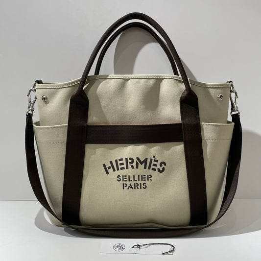 Hermès - Equestrian Tote - Nylon and Cotton Blend Canvas - Sand Beige with Dark Brown Accents - (Large)