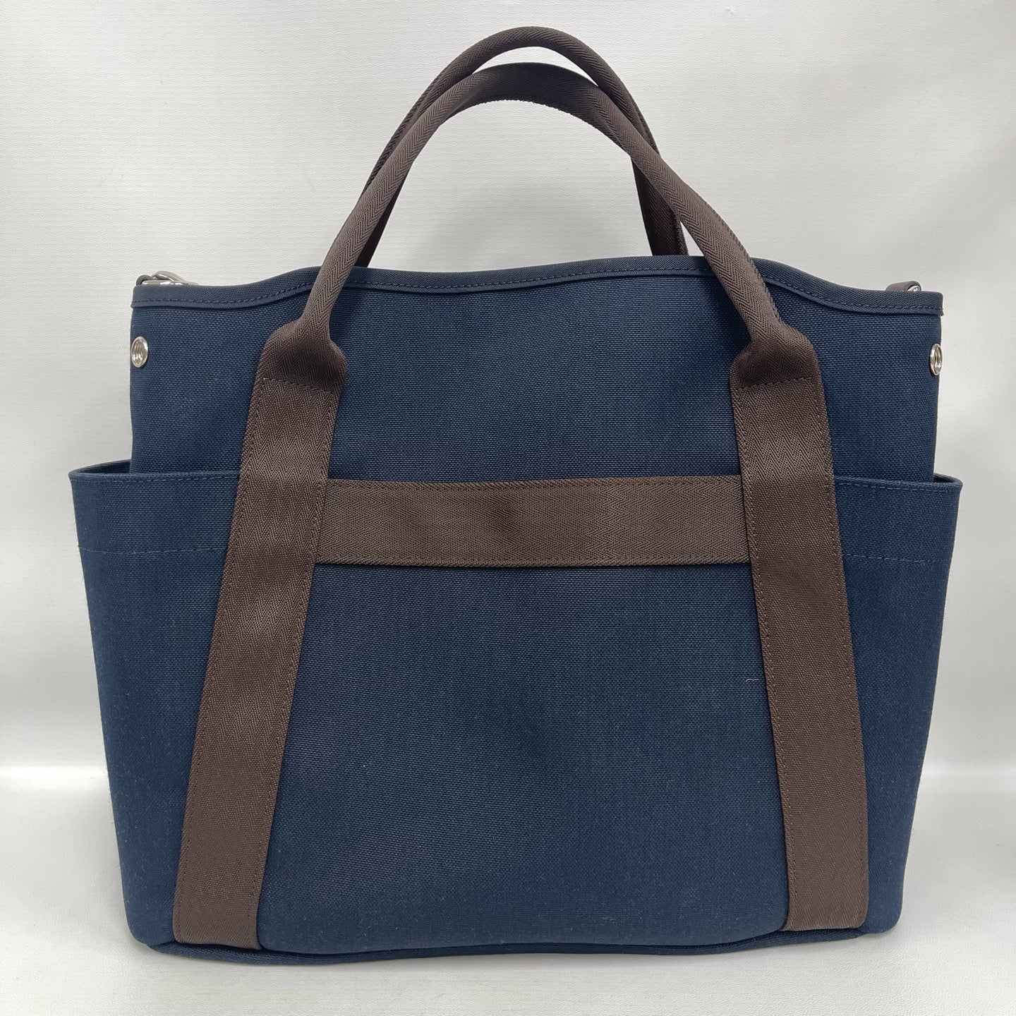 Hermès - Groom Equestrian Bag - Canvas with Leather Trim - Navy Blue with Brown and Orange Accents - (medium)