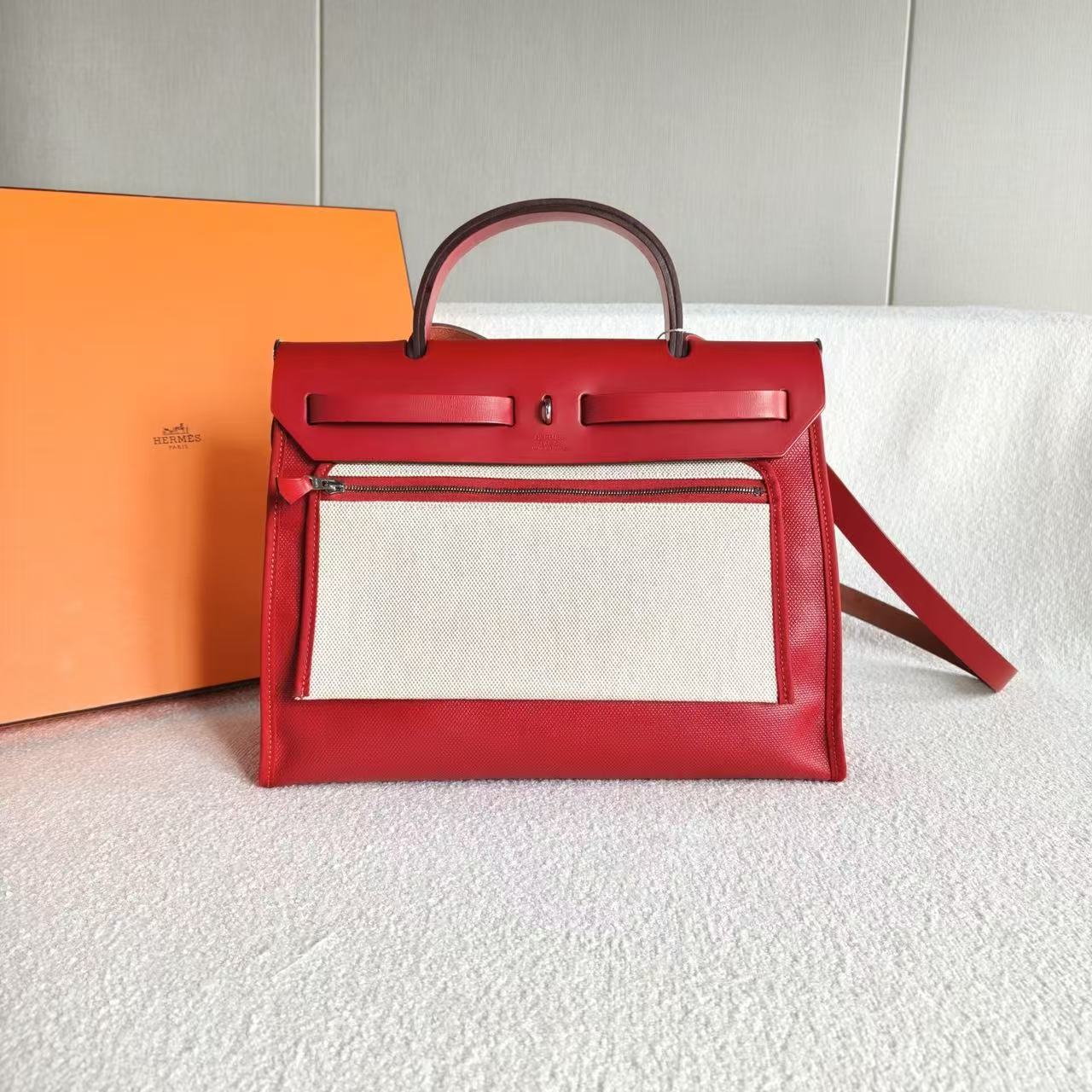 Hermès - Herbag 31 - Waterproof canvas and cowhide leather - Chili Red with Beige accents - (medium)