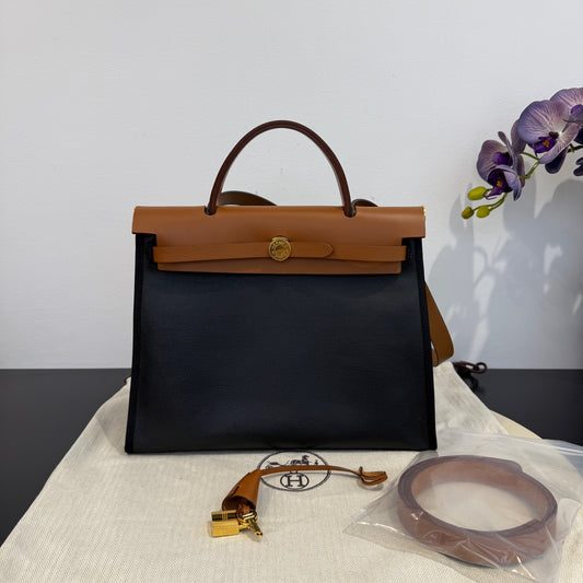 Hermès - Herbag 31 - Waterproof canvas and Hunter cowhide leather - Black with Tan - (Medium)