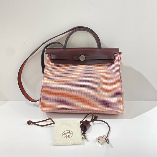Hermès - Herbag 31 - Woven canvas with leather trim - Burgundy, Orange, and White Woven Canvas with Burgundy Leather Trim - (Medium)