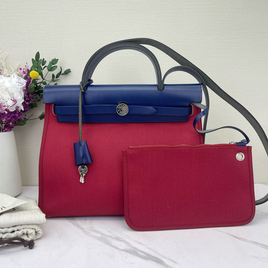 Hermès - Herbag Zip 21 - Toile H Canvas and Hunter Cowhide Leather - Rouge H Red and Bleu Nuit Navy Blue with Palladium-Plated Hardware - (Mini)