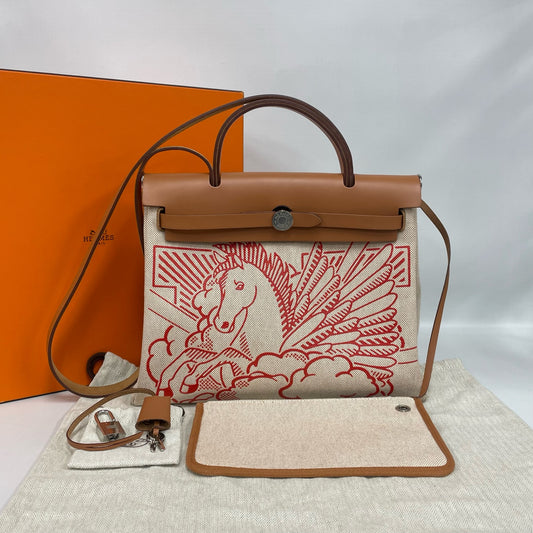 Hermès - Herbag Zip 31 - Canvas and natural tan leather - Beige with Tan leather and Red pattern - (Medium)