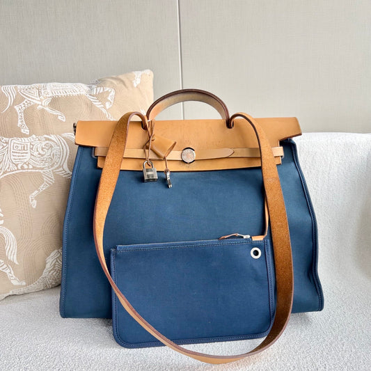 Hermès - Herbag Zip 39 - Canvas and Vachetta Leather - Blue with Natural Brown Leather - (Large)