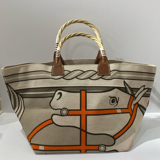 Hermès - Horse Head Beach Bag - Canvas with leather trim and rope handles - Beige, Orange, Grey, Brown - (Large)
