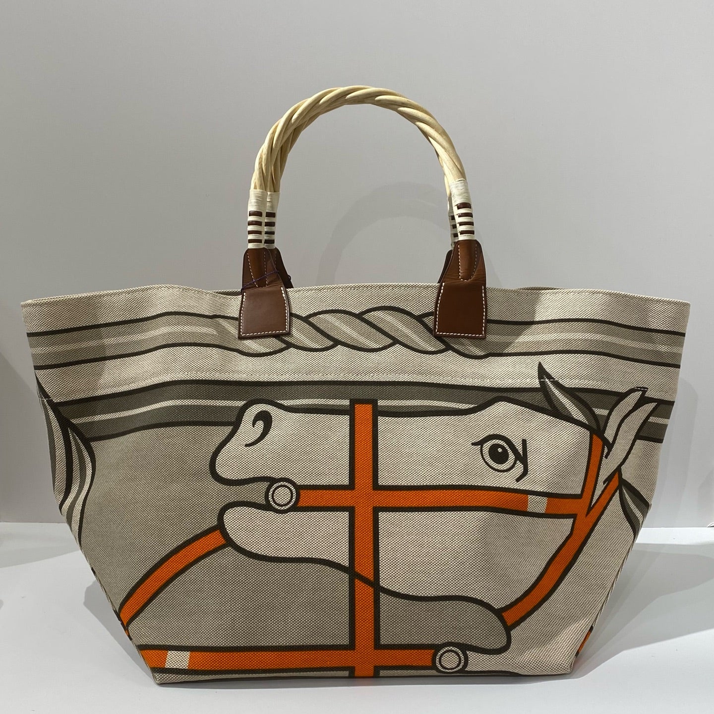 Hermès - Horse Head Beach Bag - Canvas with leather trim - Beige with Orange and Grey accents - (large)