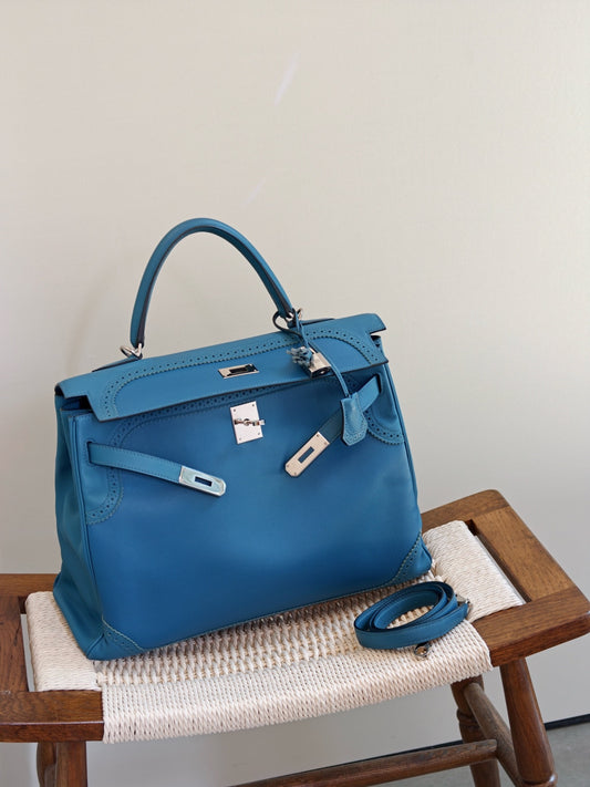 Hermes - Kelly 35 - Cloth - Blue - (medium)