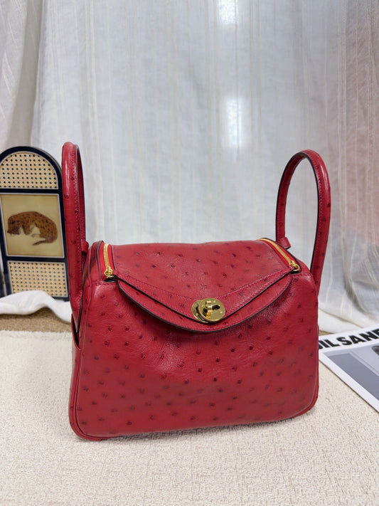 Hermès - Lindy - Exotic leathers - Ostrich - Red - (small)