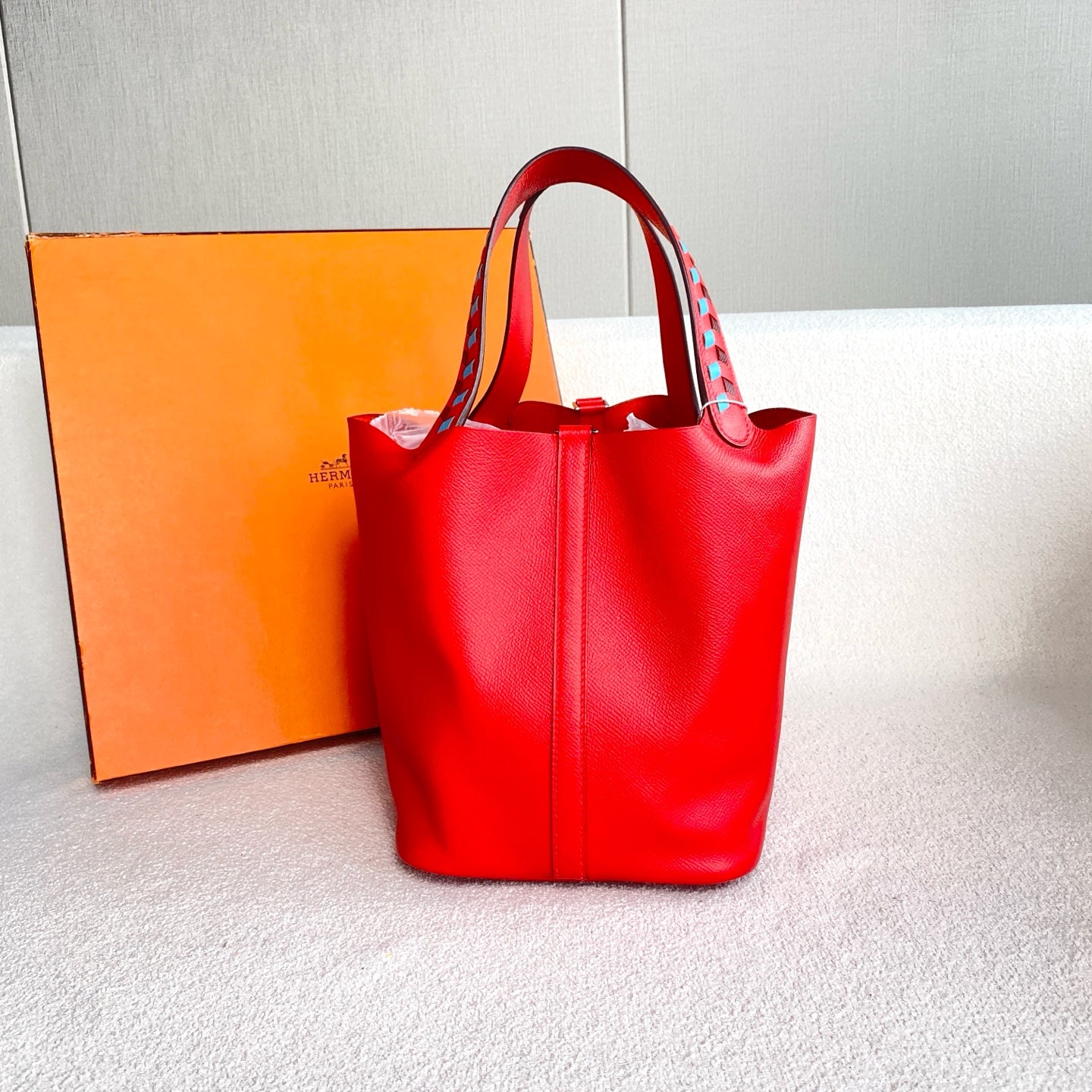 Hermès - Picotin Lock 22 with Woven Handle - Epsom leather - Red with Multicolor Woven Handle - (Medium)