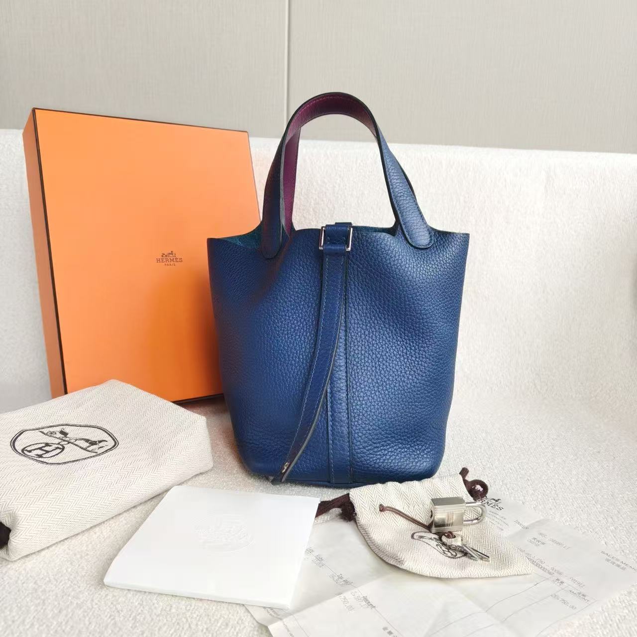 Hermès - Picotin Lock - Taurillon Clemence leather - Deep Blue with Anemone Purple - (mini)