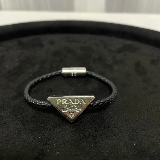 Prada - Woven Leather Bracelet with Triangle Logo - Leather - Black - (Small)