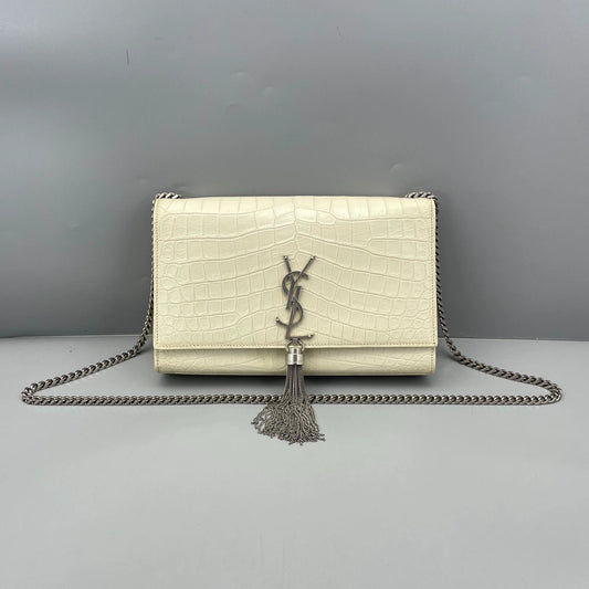 Saint Laurent - Kate Tassel Bag - Crocodile embossed leather - White - (medium)