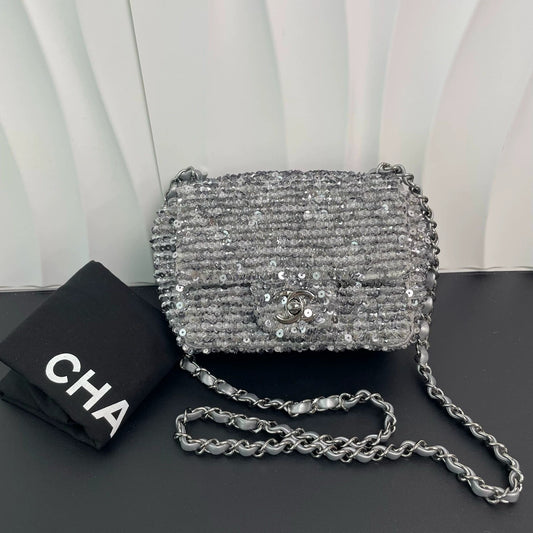 Chanel - CF Rectangular Mini Flap Sequin Bag - Sequins and textile - Silver - (mini)