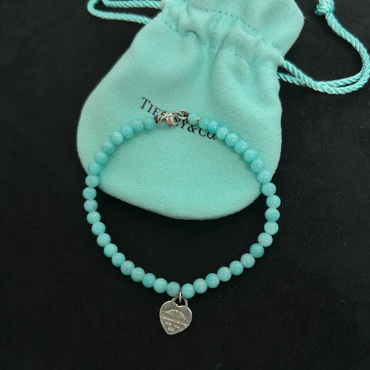 Tiffany & Co. - Return to Tiffany Round Bead Bracelet with Heart Tag - Amazonite beads and Sterling Silver - Blue with Silver-Tone Hardware
