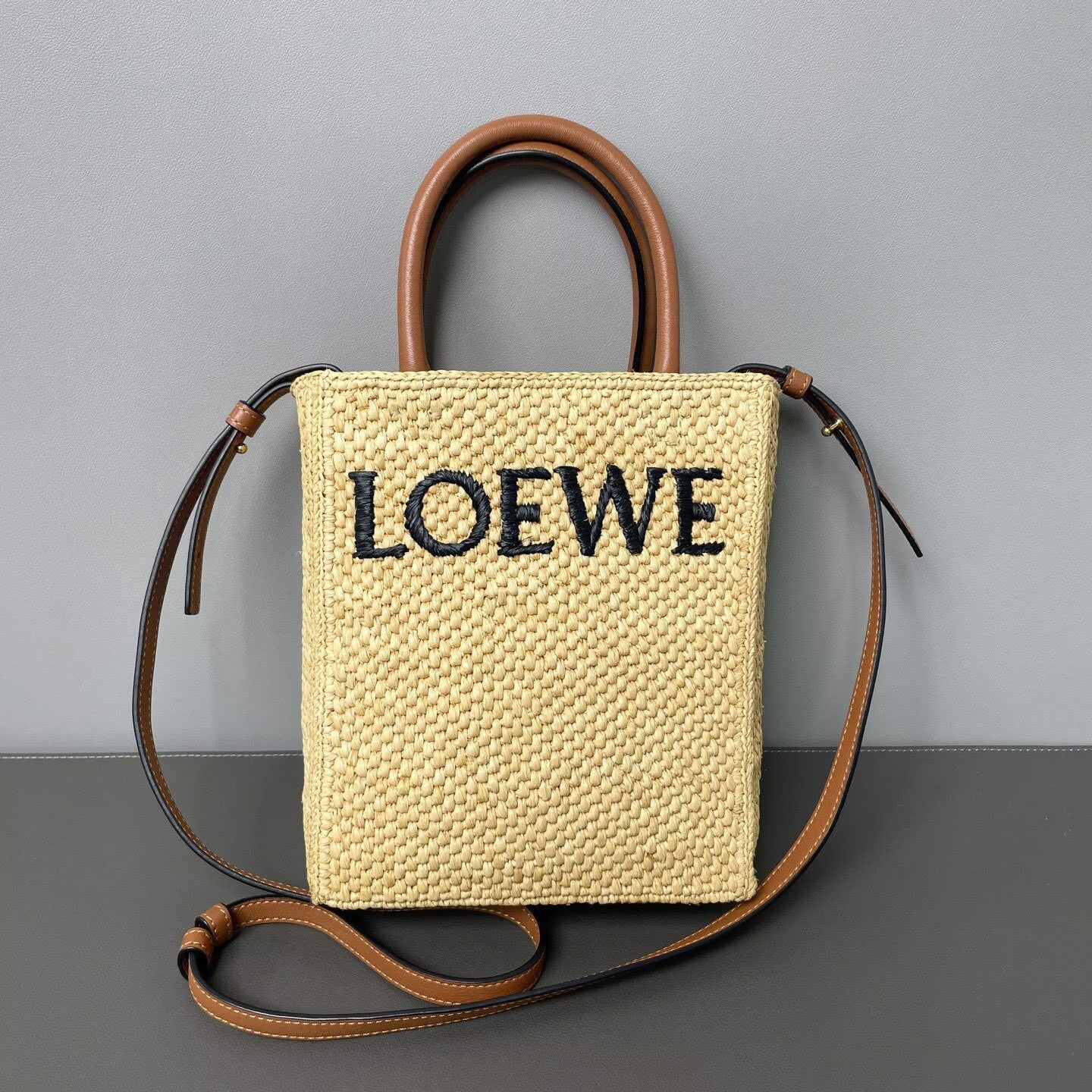 Loewe - A5 Tote Bag - Raffia with calfskin leather trim - Beige with black embroidery and brown leather - (small)