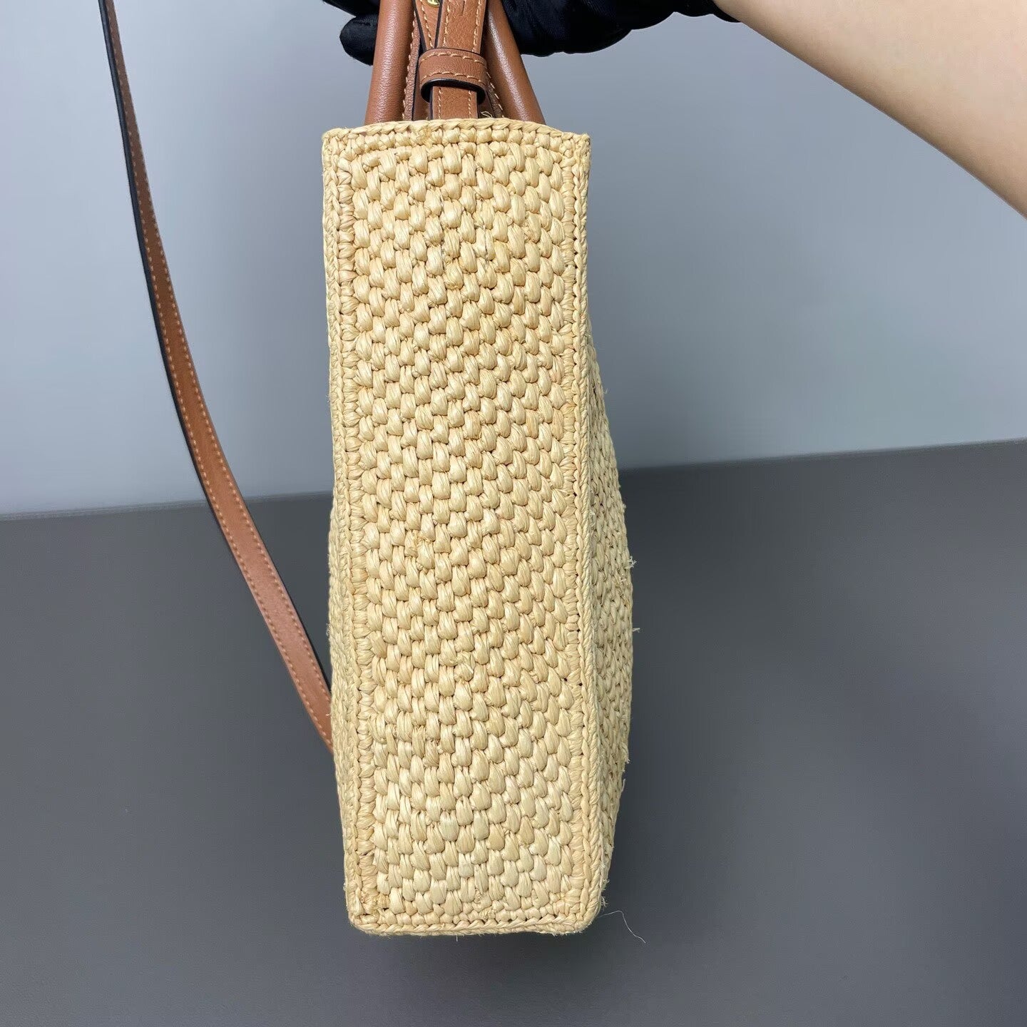 Loewe - A5 Tote Bag - Raffia with calfskin leather trim - Beige with black embroidery and brown leather - (small)