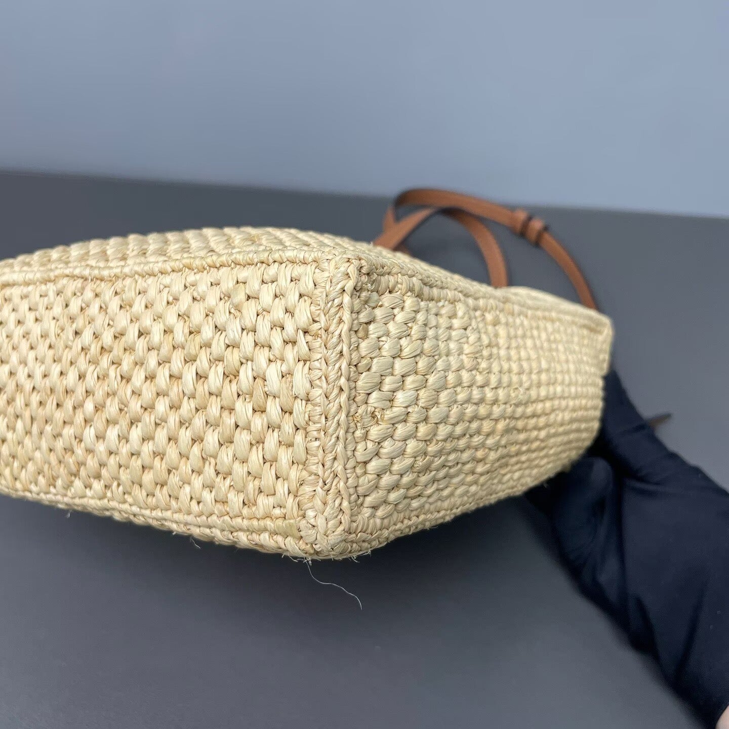 Loewe - A5 Tote Bag - Raffia with calfskin leather trim - Beige with black embroidery and brown leather - (small)