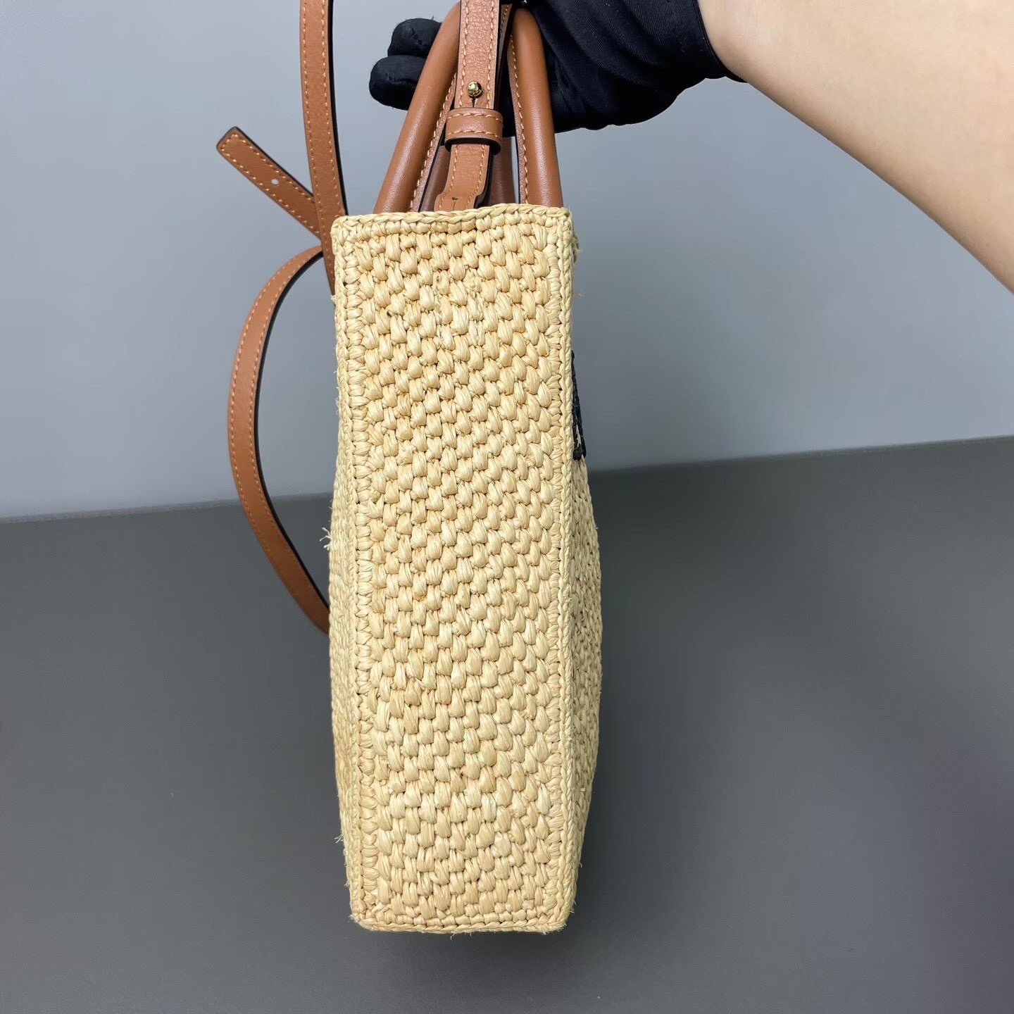 Loewe - A5 Tote Bag - Raffia with calfskin leather trim - Beige with black embroidery and brown leather - (small)