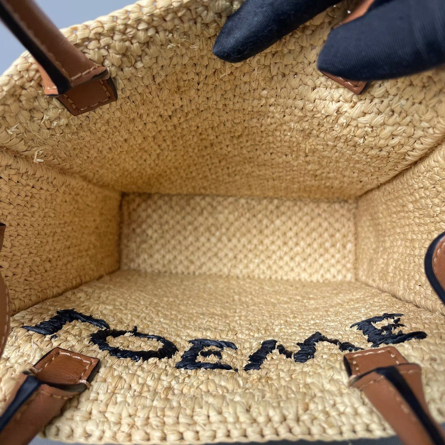 Loewe - A5 Tote Bag - Raffia with calfskin leather trim - Beige with black embroidery and brown leather - (small)