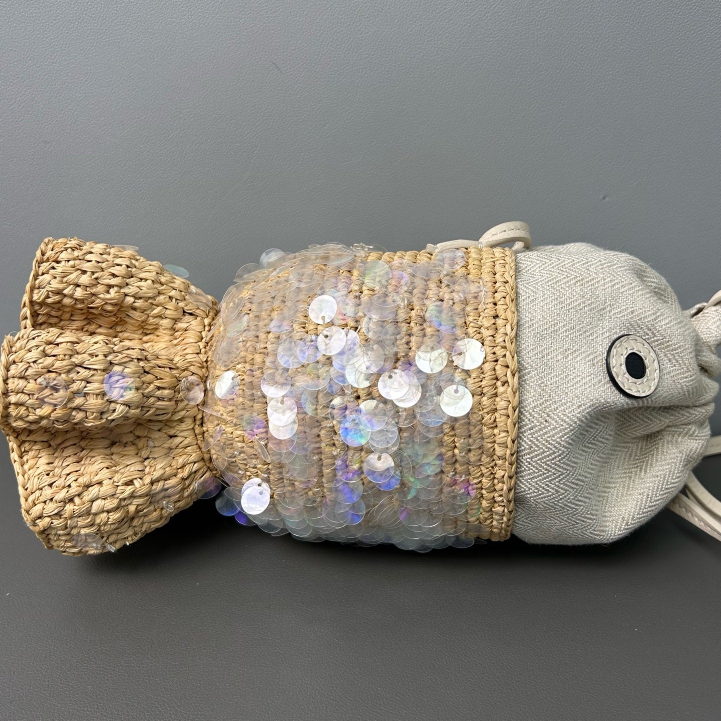 Loewe - Fish Bag - Raffia and calfskin leather with sequin embellishments - Beige - (mini)
