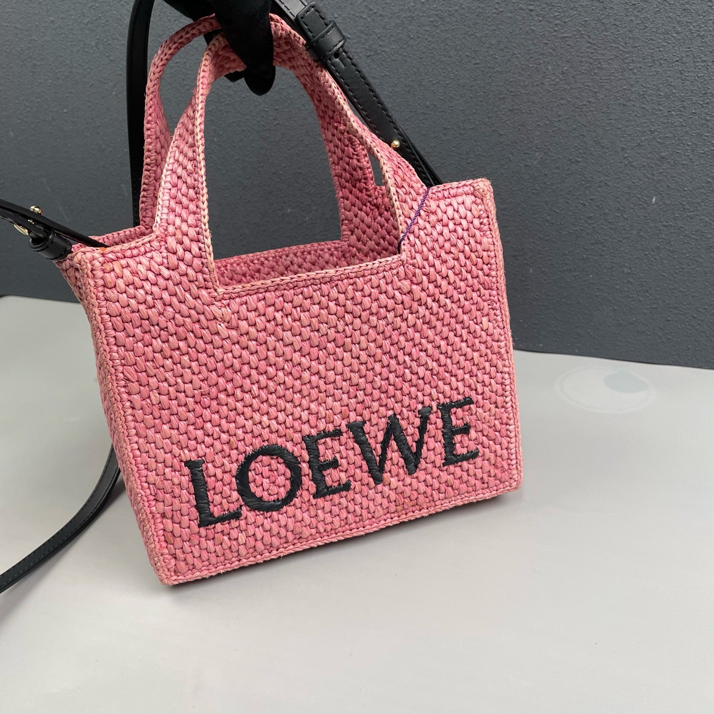 Loewe - Font Tote Mini - Raffia with leather trim - Pink - (mini)