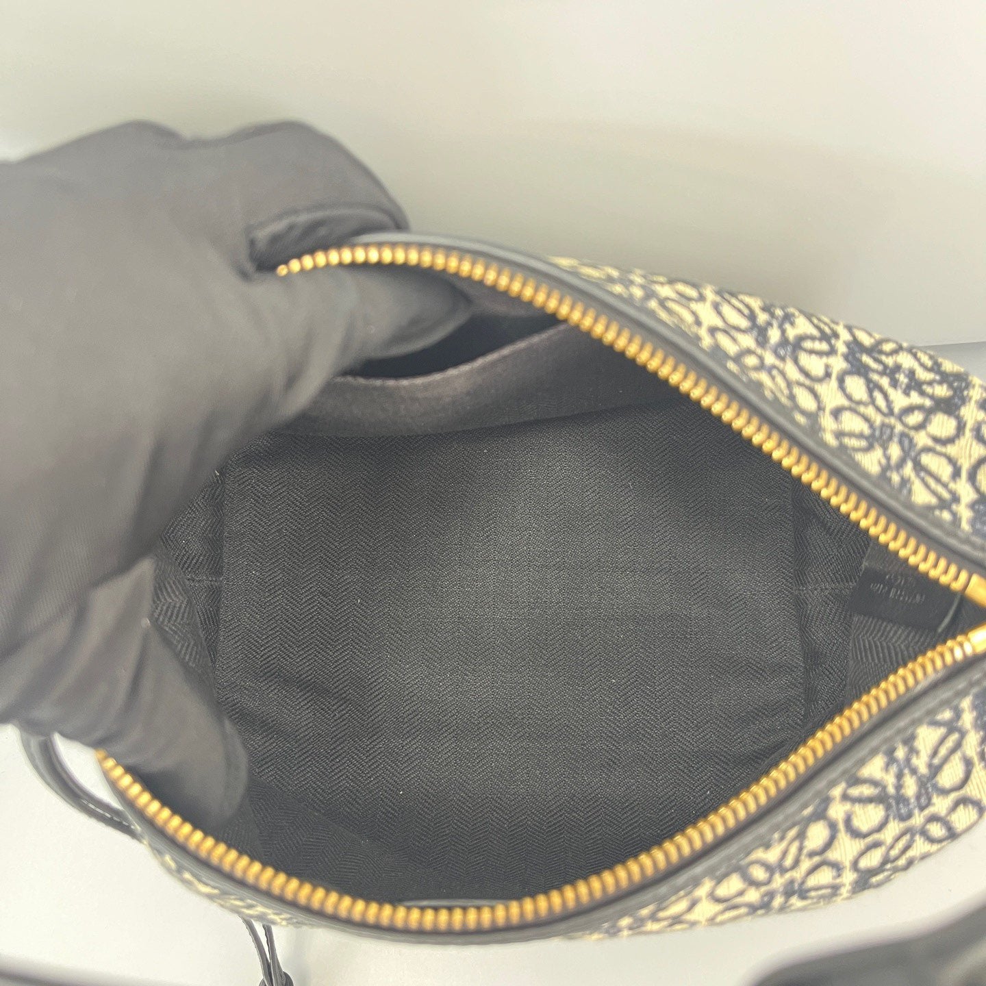 Loewe - Lunch Box Bag - Jacquard canvas with leather trim - Beige and Dark Blue with Black Leather - (small)