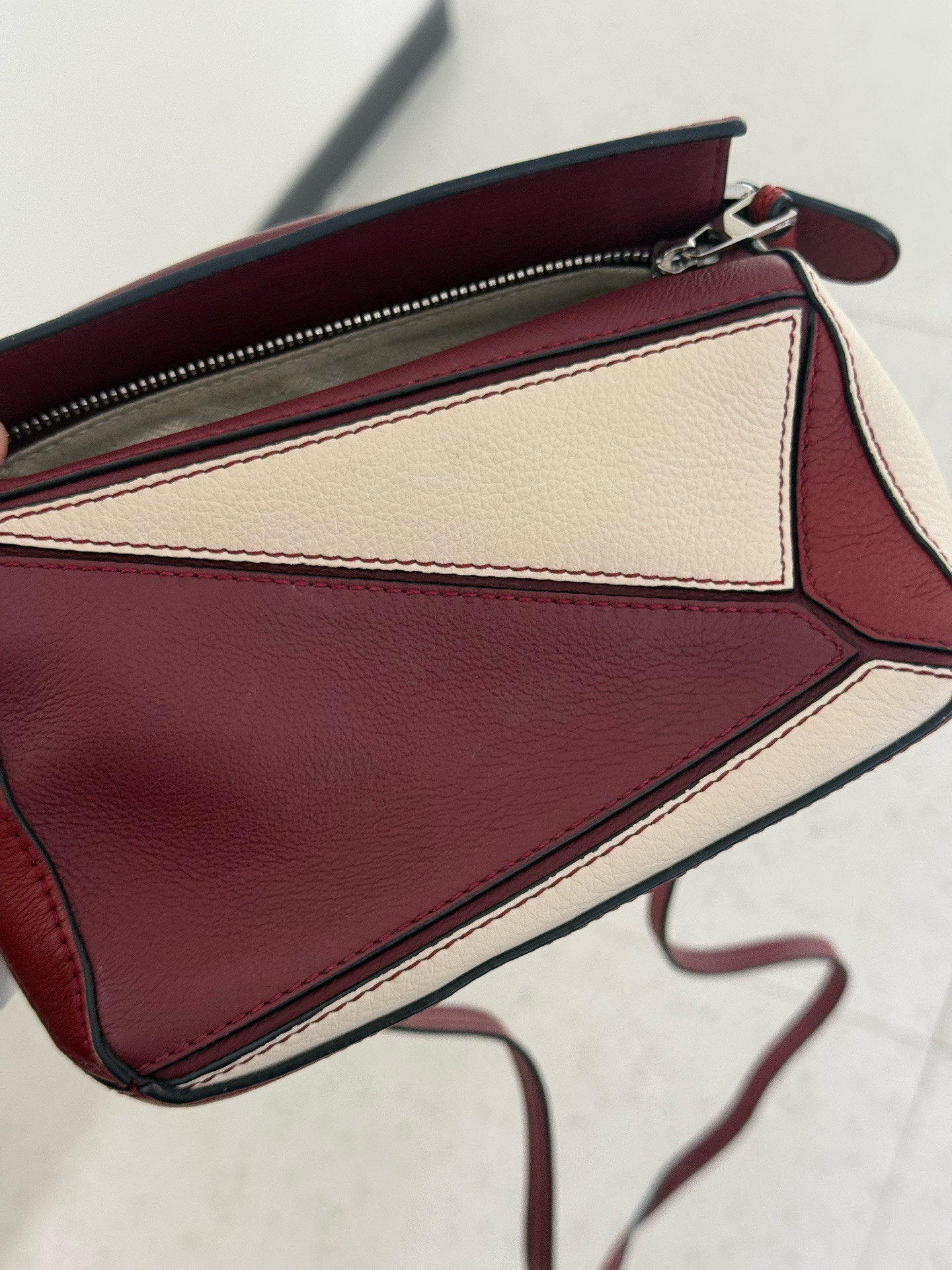 Loewe - Puzzle Mini - Grained leather - Red and Off-White geometric patchwork - (mini)
