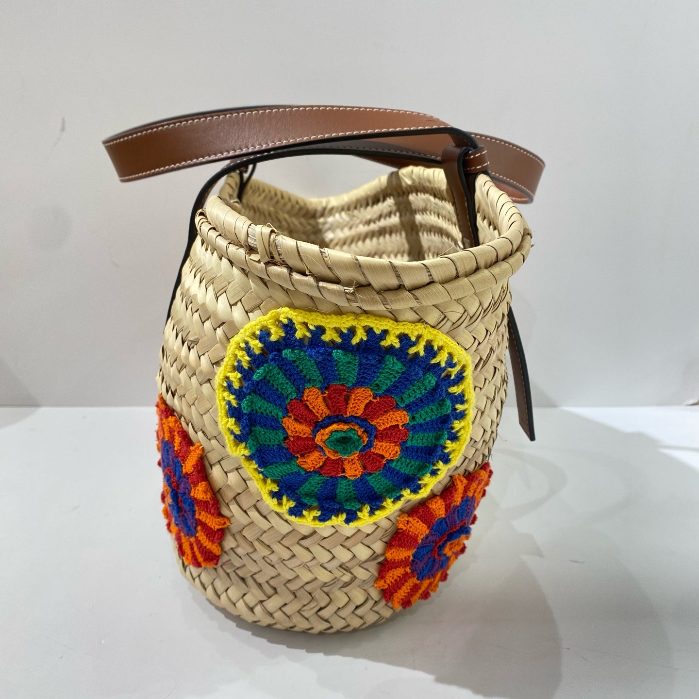 Loewe - Raffia Woven Tote Bag with Floral Embroidery - Raffia with leather trim - Beige with Multicolour embroidery and Brown leather - (medium)
