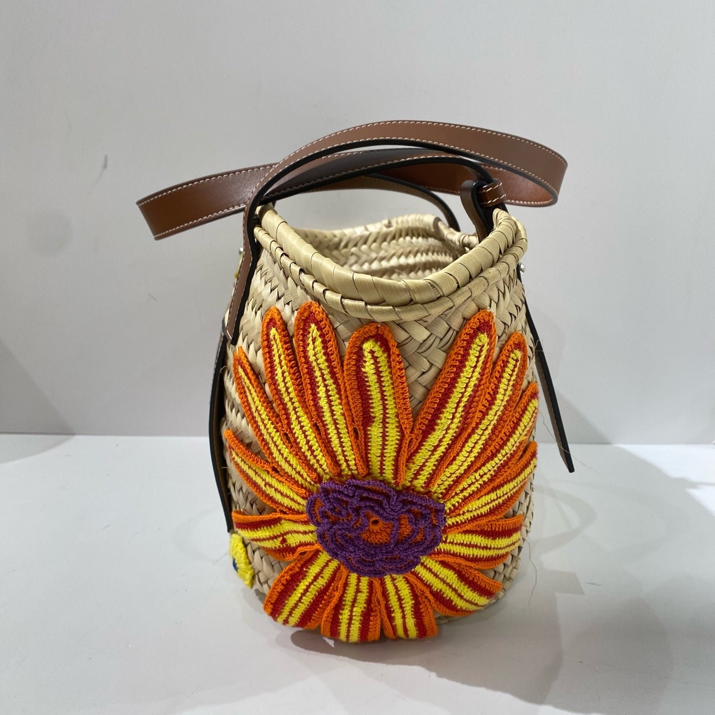 Loewe - Raffia Woven Tote Bag with Floral Embroidery - Raffia with leather trim - Beige with Multicolour embroidery and Brown leather - (medium)