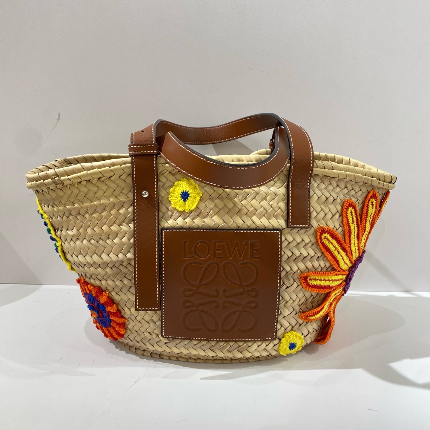 Loewe - Raffia Woven Tote Bag with Floral Embroidery - Raffia with leather trim - Beige with Multicolour embroidery and Brown leather - (medium)