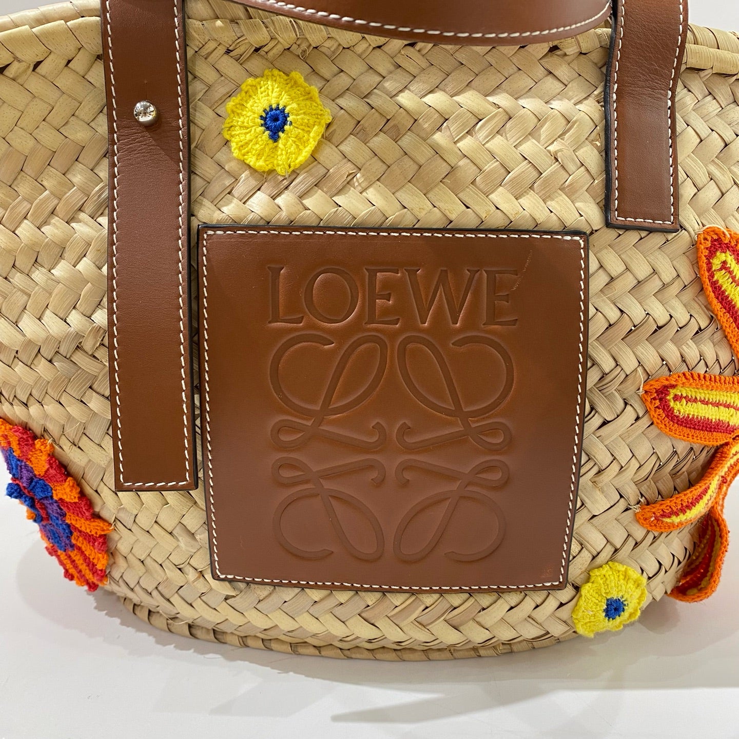 Loewe - Raffia Woven Tote Bag with Floral Embroidery - Raffia with leather trim - Beige with Multicolour embroidery and Brown leather - (medium)