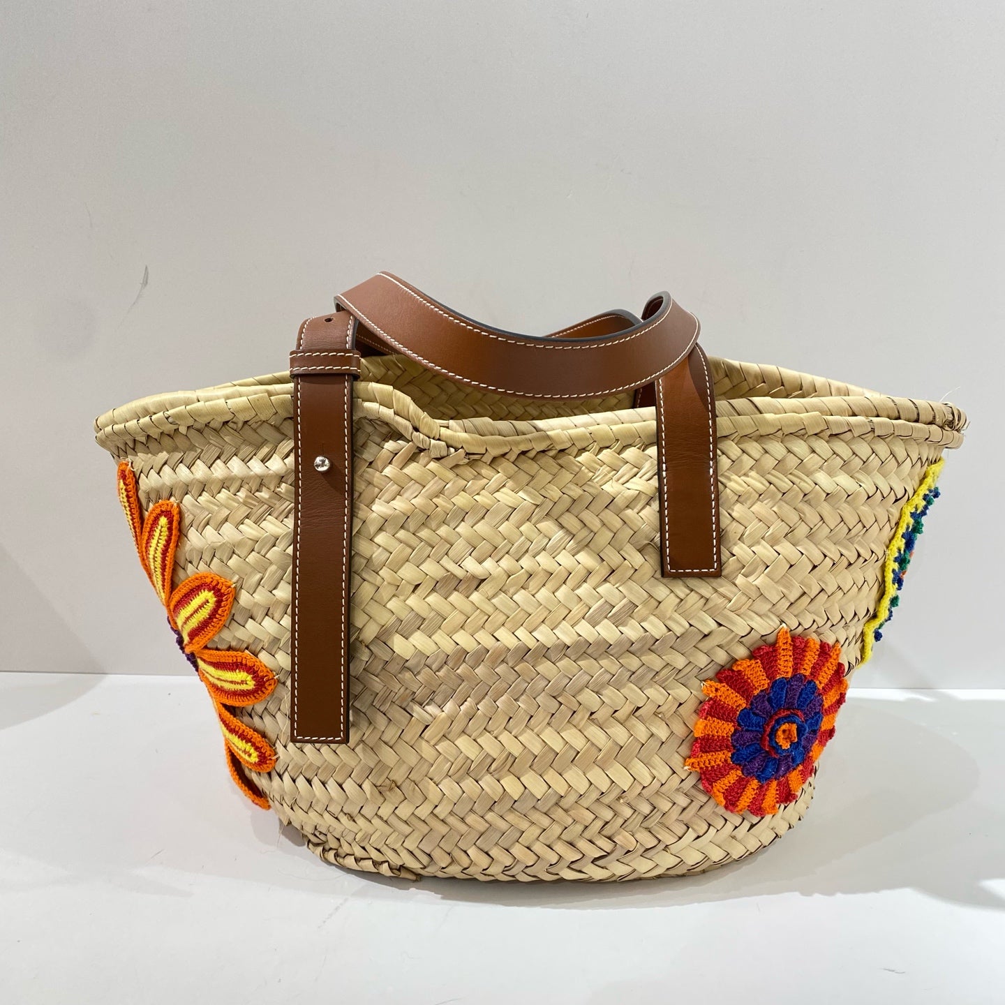 Loewe - Raffia Woven Tote Bag with Floral Embroidery - Raffia with leather trim - Beige with Multicolour embroidery and Brown leather - (medium)
