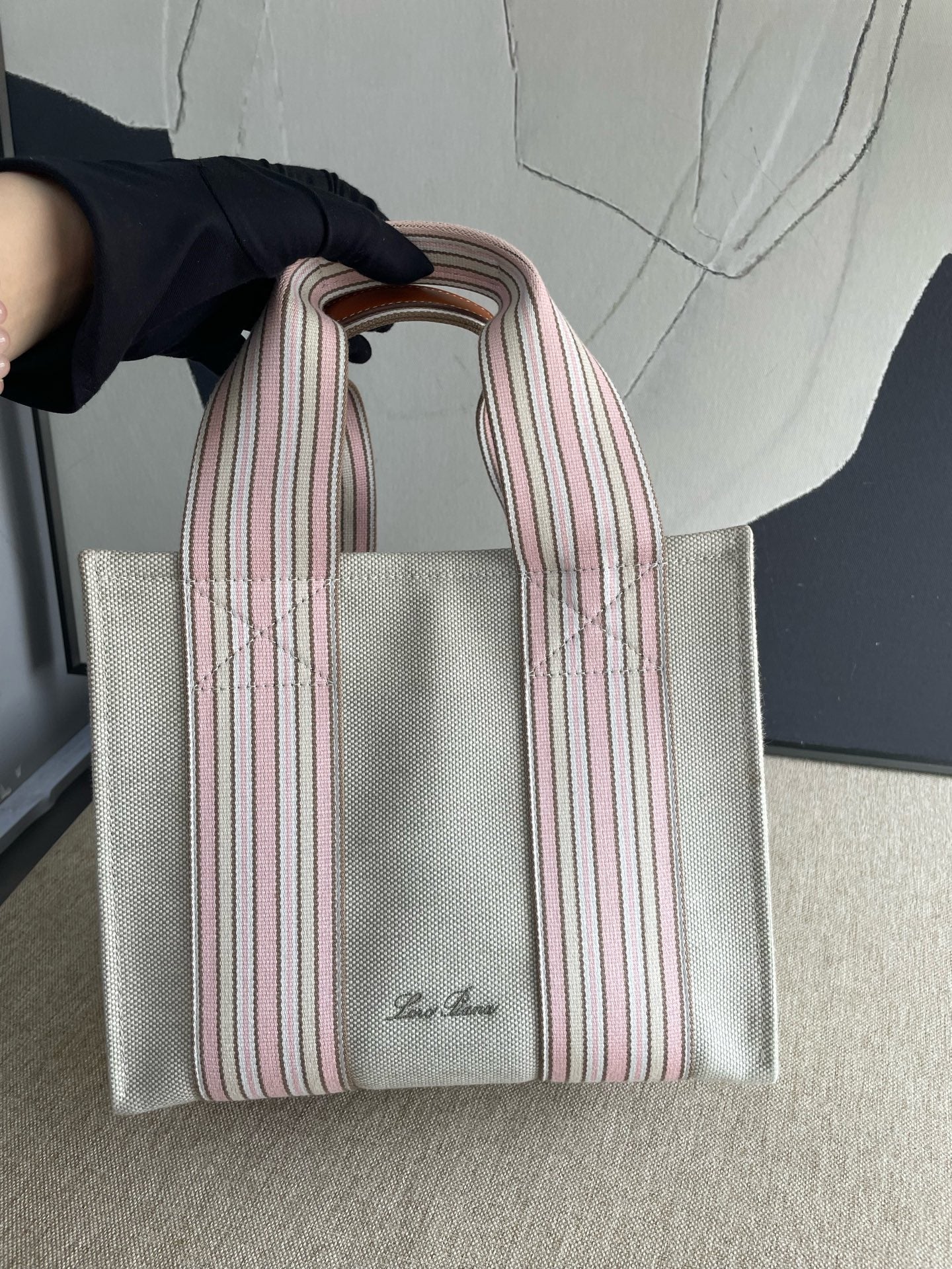Loro Piana - Canvas Striped Tote Bag - Canvas with leather trim - Beige with Pink and Brown Stripes - (small)