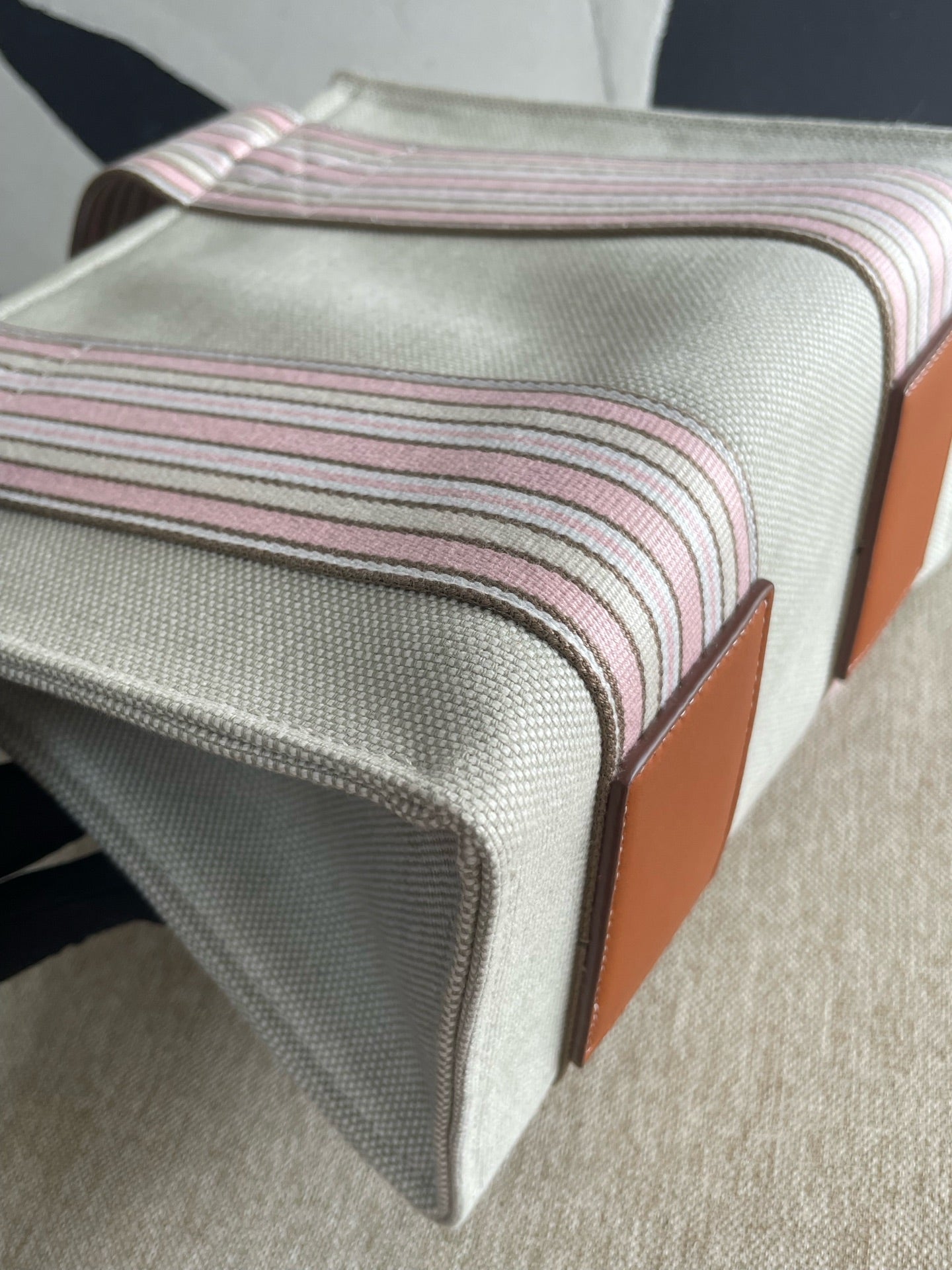Loro Piana - Canvas Striped Tote Bag - Canvas with leather trim - Beige with Pink and Brown Stripes - (small)