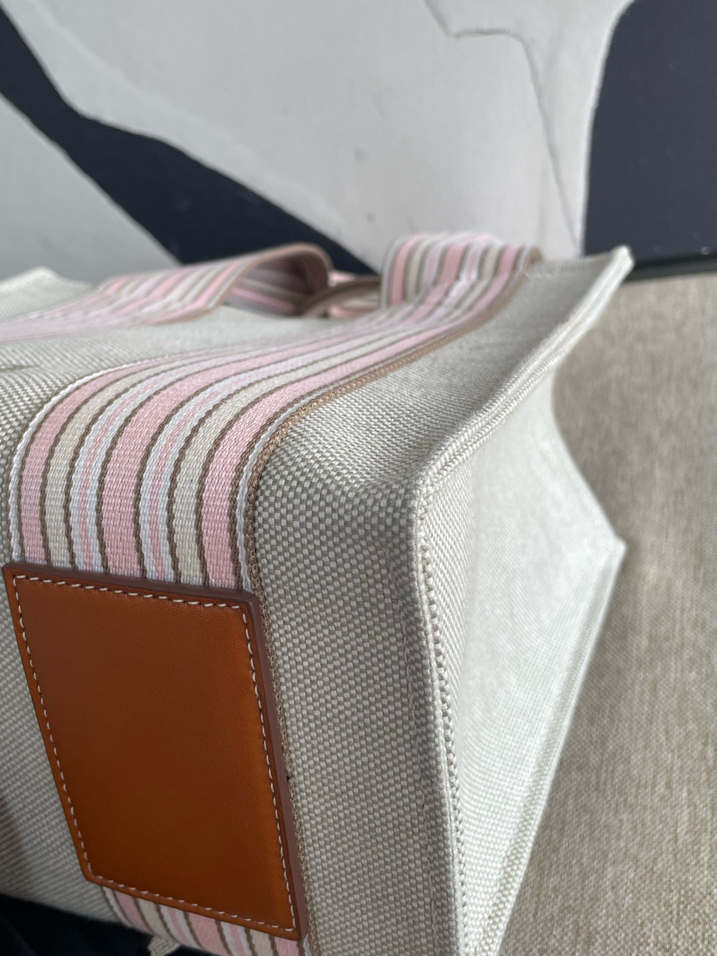 Loro Piana - Canvas Striped Tote Bag - Canvas with leather trim - Beige with Pink and Brown Stripes - (small)