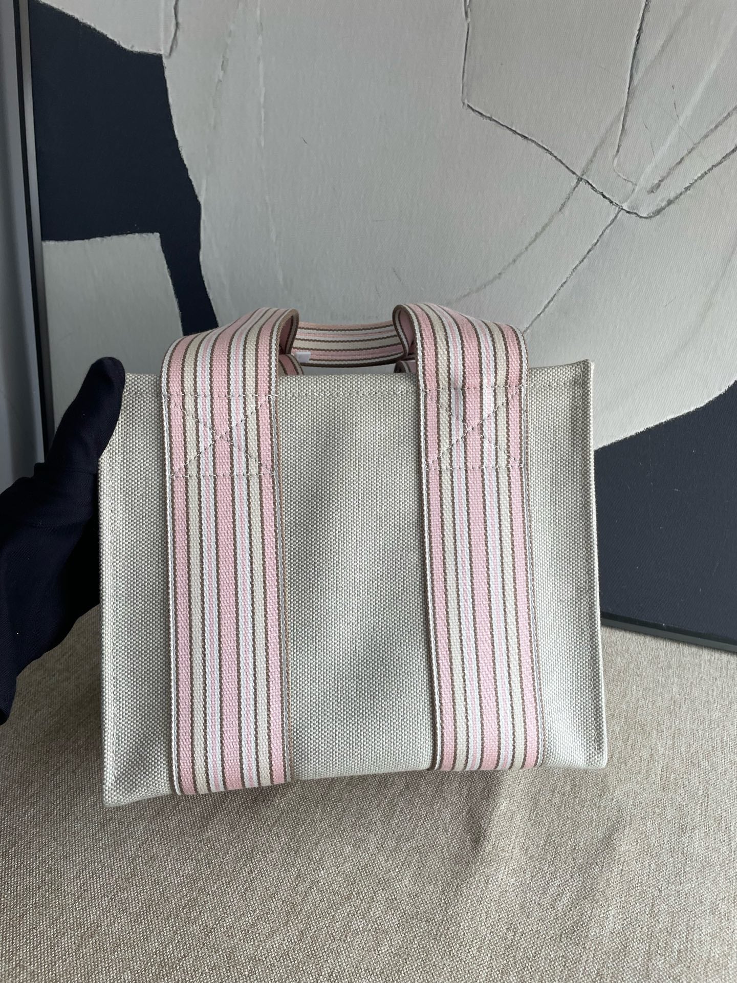 Loro Piana - Canvas Striped Tote Bag - Canvas with leather trim - Beige with Pink and Brown Stripes - (small)