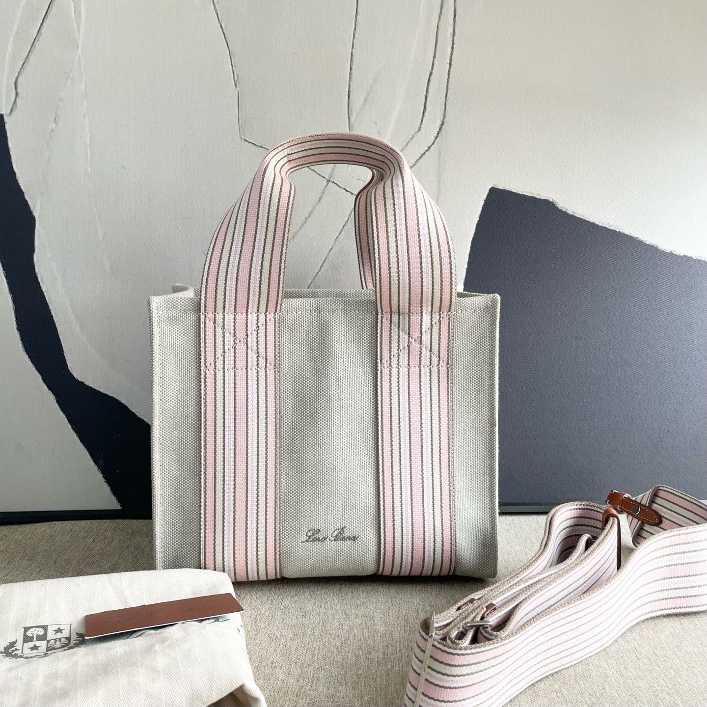 Loro Piana - Canvas Striped Tote Bag - Canvas with leather trim - Beige with Pink and Brown Stripes - (small)