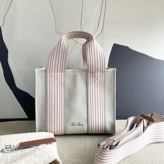 Loro Piana - Canvas Striped Tote Bag - Canvas with leather trim - Beige with Pink and Brown Stripes - (small)