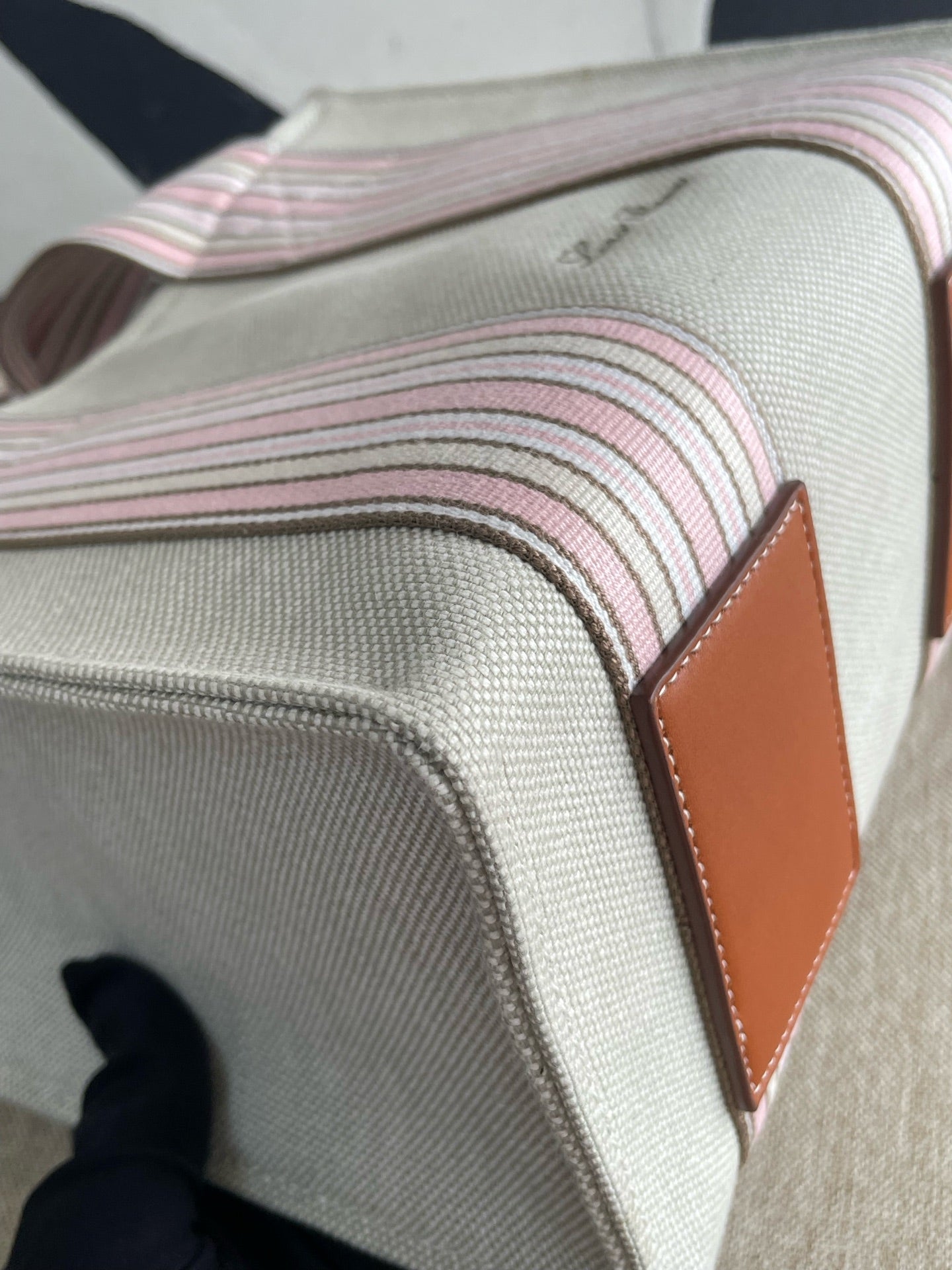 Loro Piana - Canvas Striped Tote Bag - Canvas with leather trim - Beige with Pink and Brown Stripes - (small)