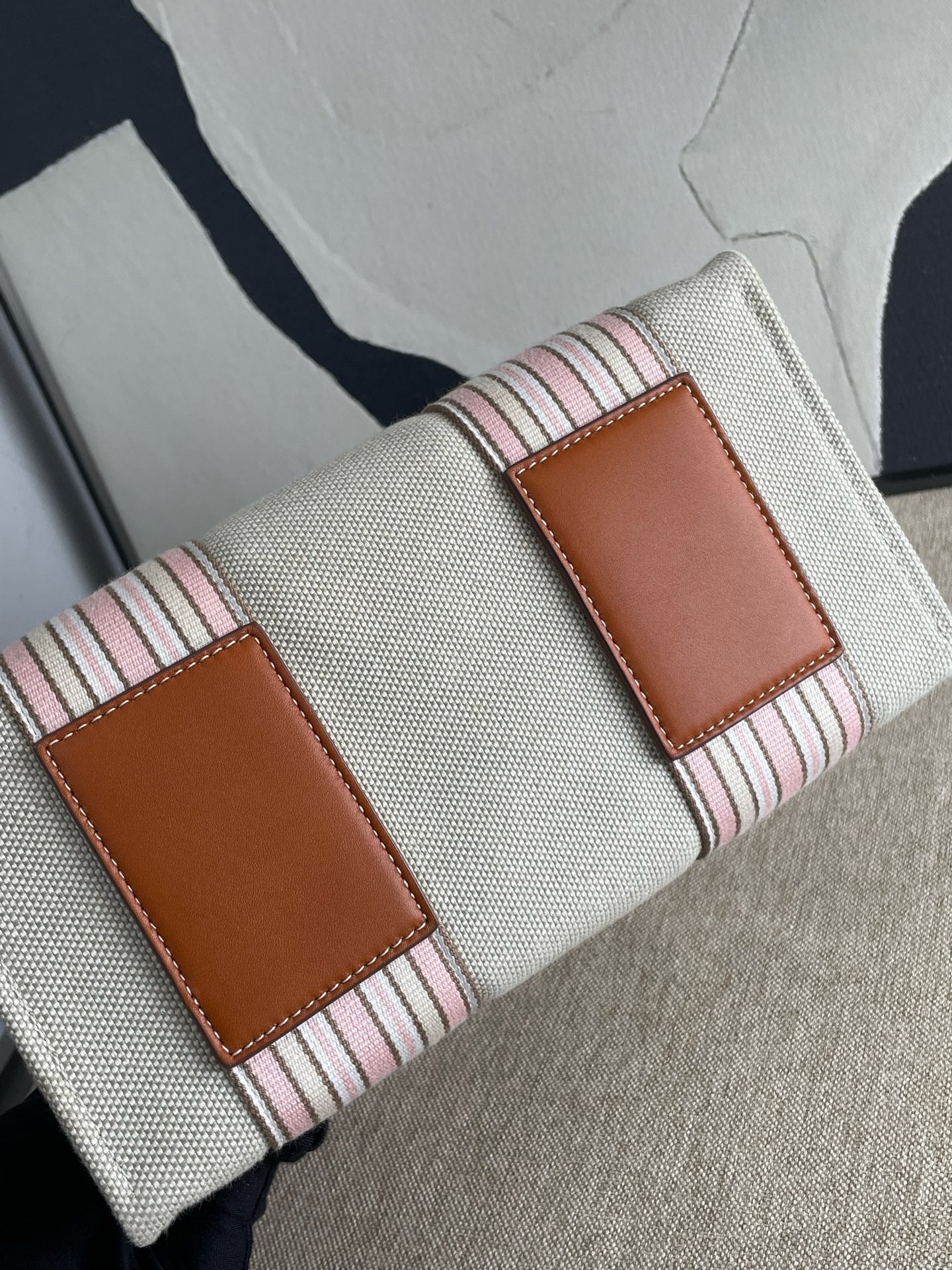 Loro Piana - Canvas Striped Tote Bag - Canvas with leather trim - Beige with Pink and Brown Stripes - (small)