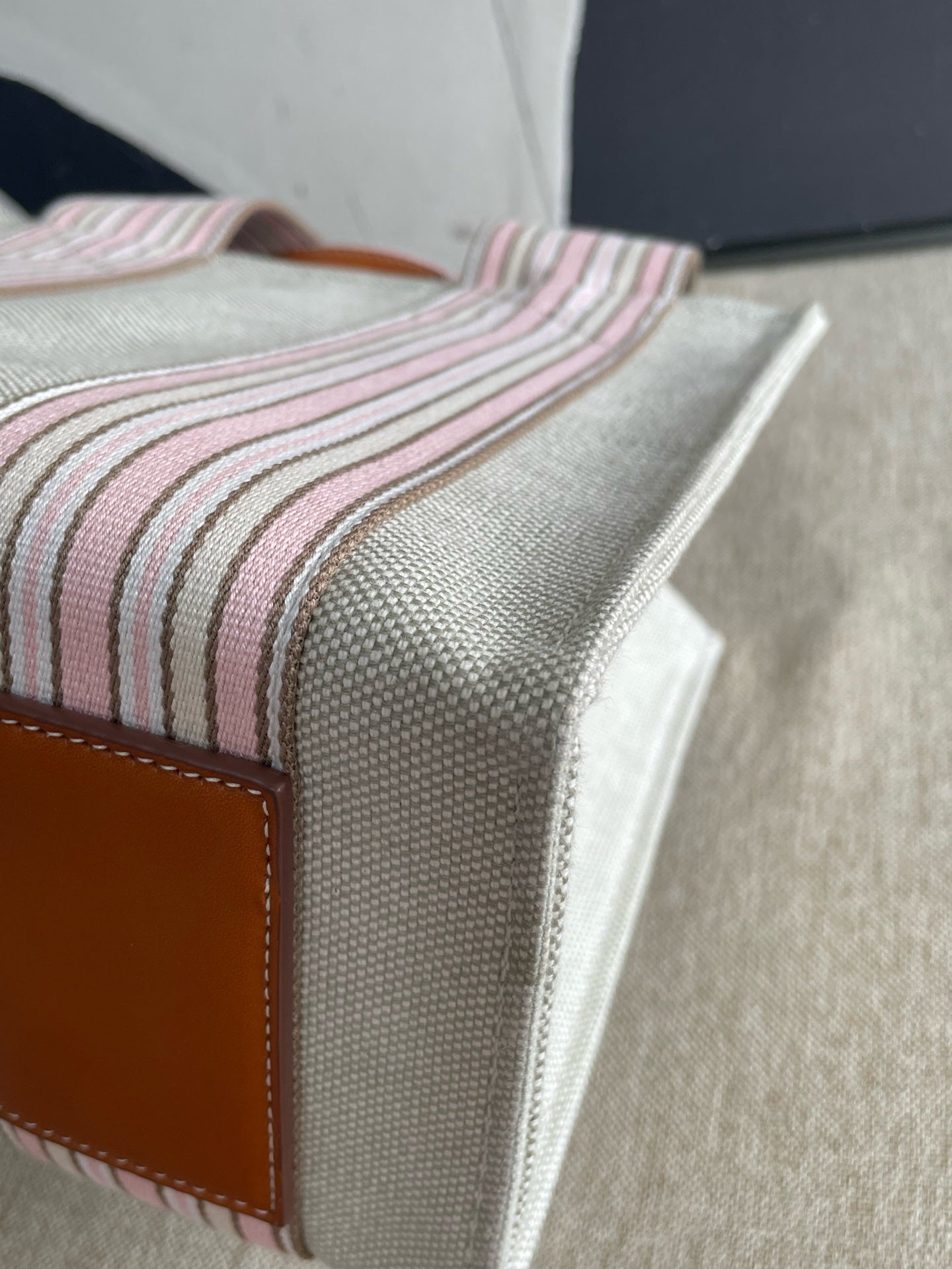 Loro Piana - Canvas Striped Tote Bag - Canvas with leather trim - Beige with Pink and Brown Stripes - (small)