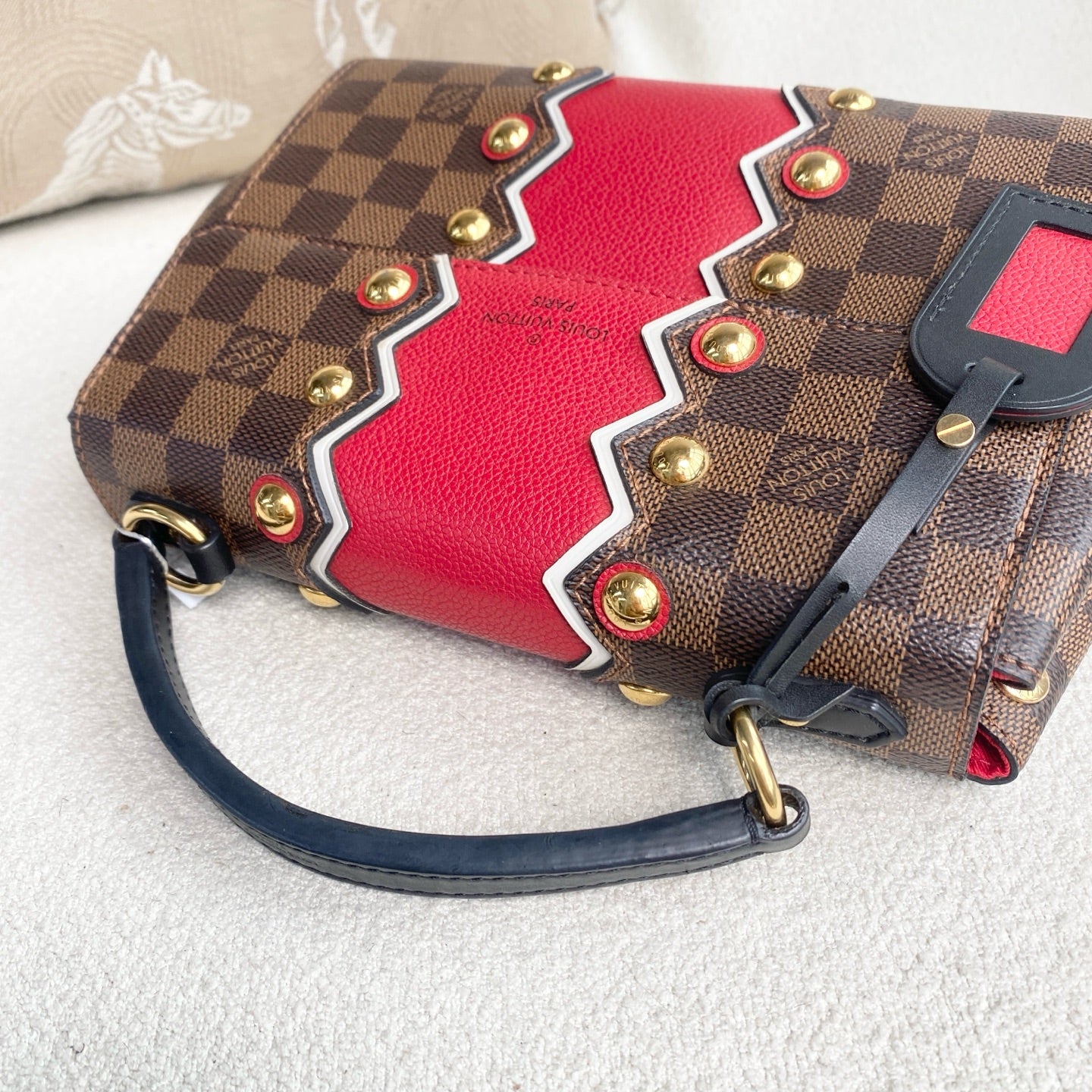 Louis Vuitton - Cluny BB (Limited Edition Studded) - Damier Ebene coated canvas with grained leather trim - Brown and Red - (mini)