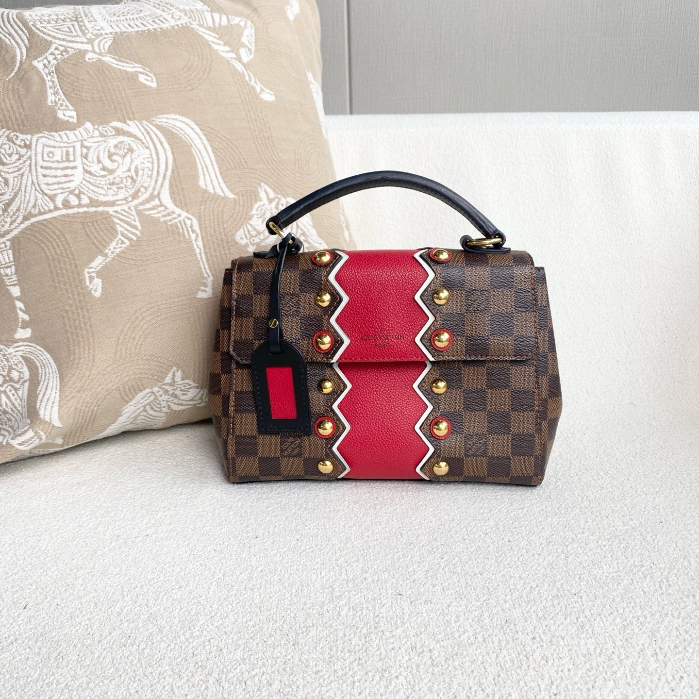 Louis Vuitton - Cluny BB (Limited Edition Studded) - Damier Ebene coated canvas with grained leather trim - Brown and Red - (mini)