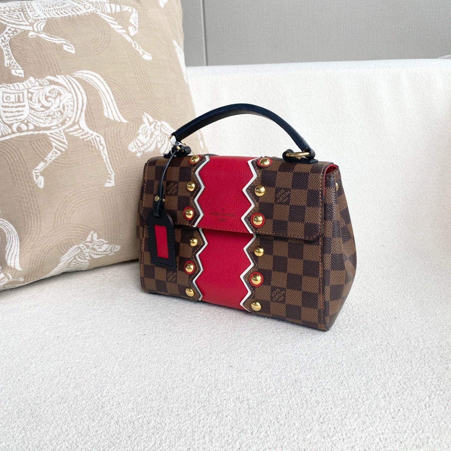 Louis Vuitton - Cluny BB (Limited Edition Studded) - Damier Ebene coated canvas with grained leather trim - Brown and Red - (mini)