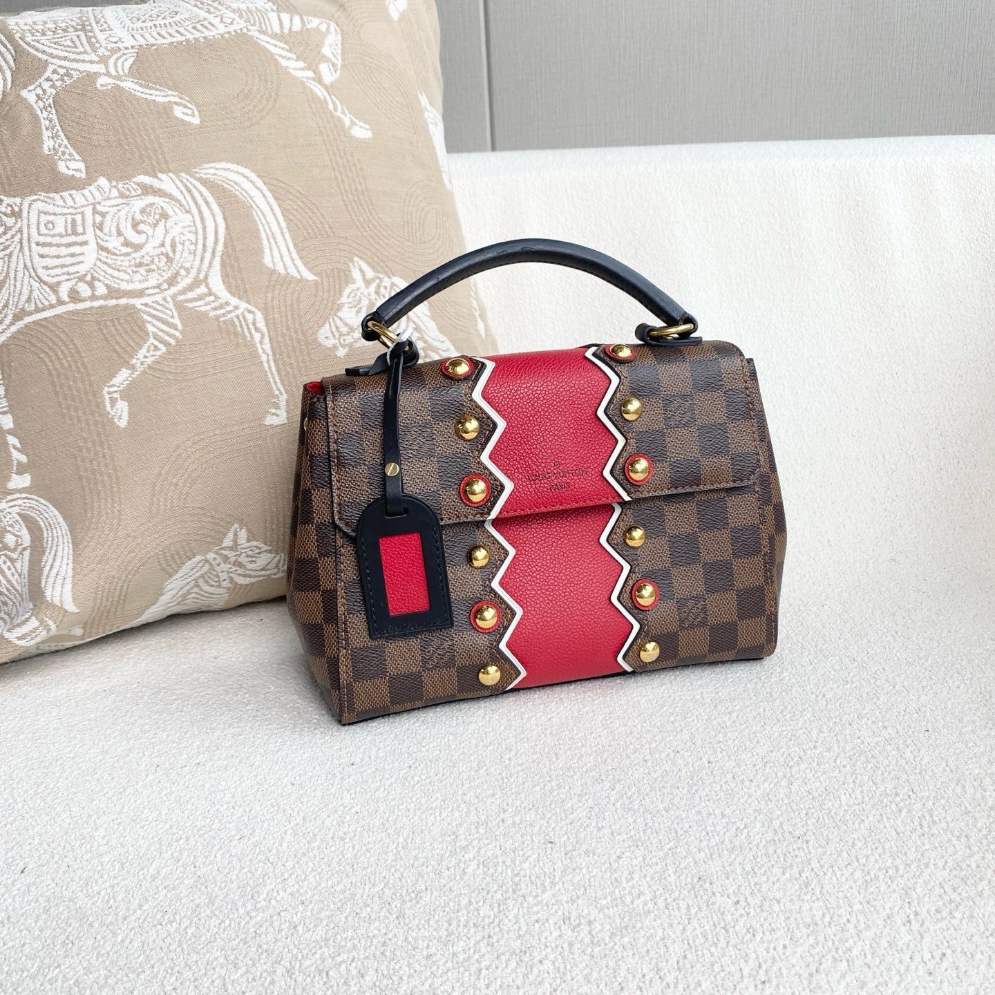 Louis Vuitton - Cluny BB (Limited Edition Studded) - Damier Ebene coated canvas with grained leather trim - Brown and Red - (mini)