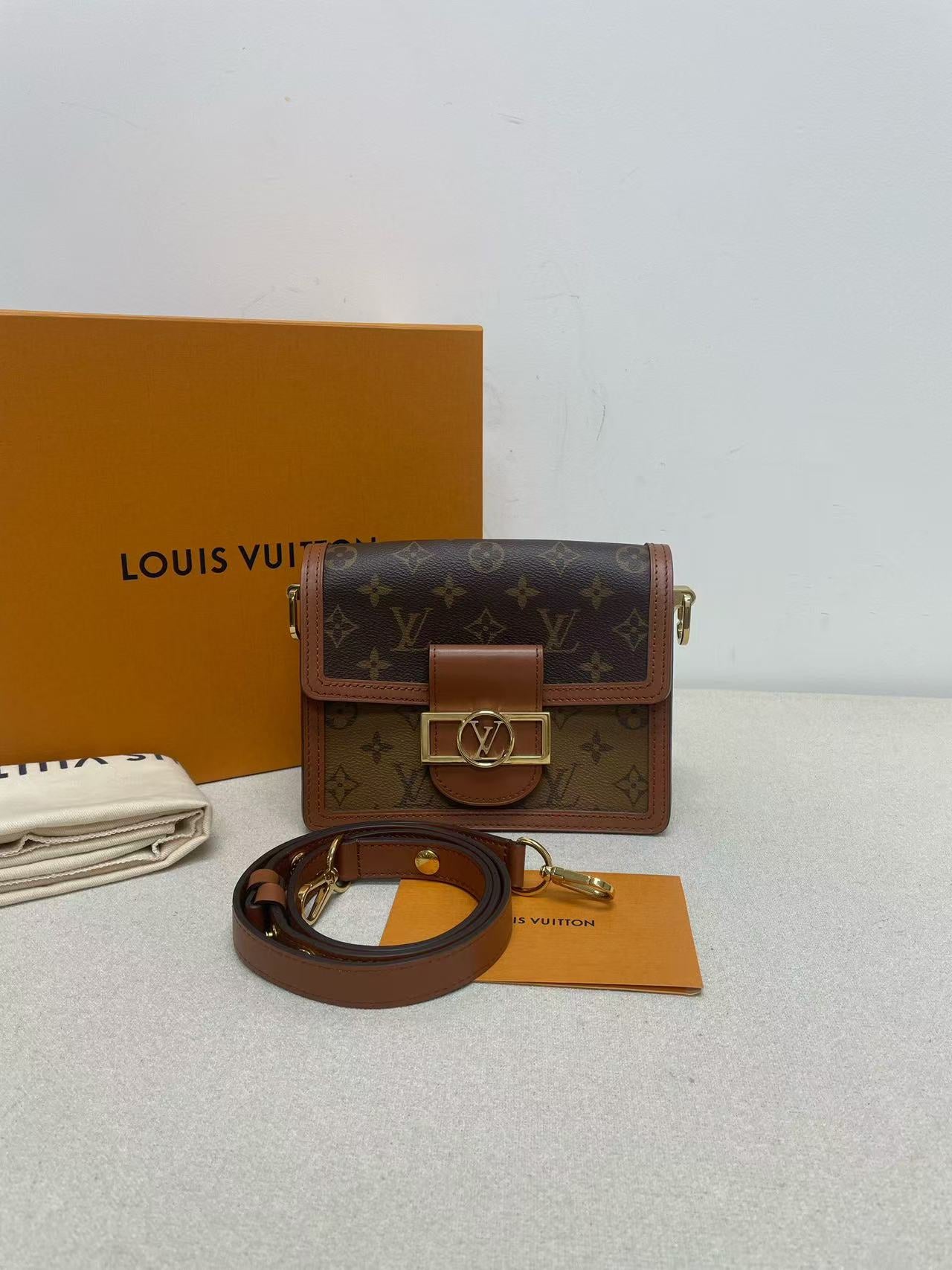 Louis Vuitton - Dauphine Mini - Monogram coated canvas with calfskin leather trim and microfiber lining - Brown with tan leather trim and gold-tone hardware - (mini)